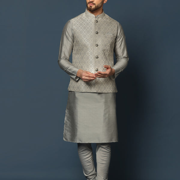 Kisah Men Grey Textured Kurta Jacket Churidar Set - Distacart