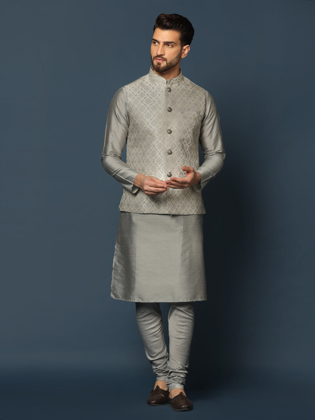 Kisah Men Grey Textured Kurta Jacket Churidar Set - Distacart