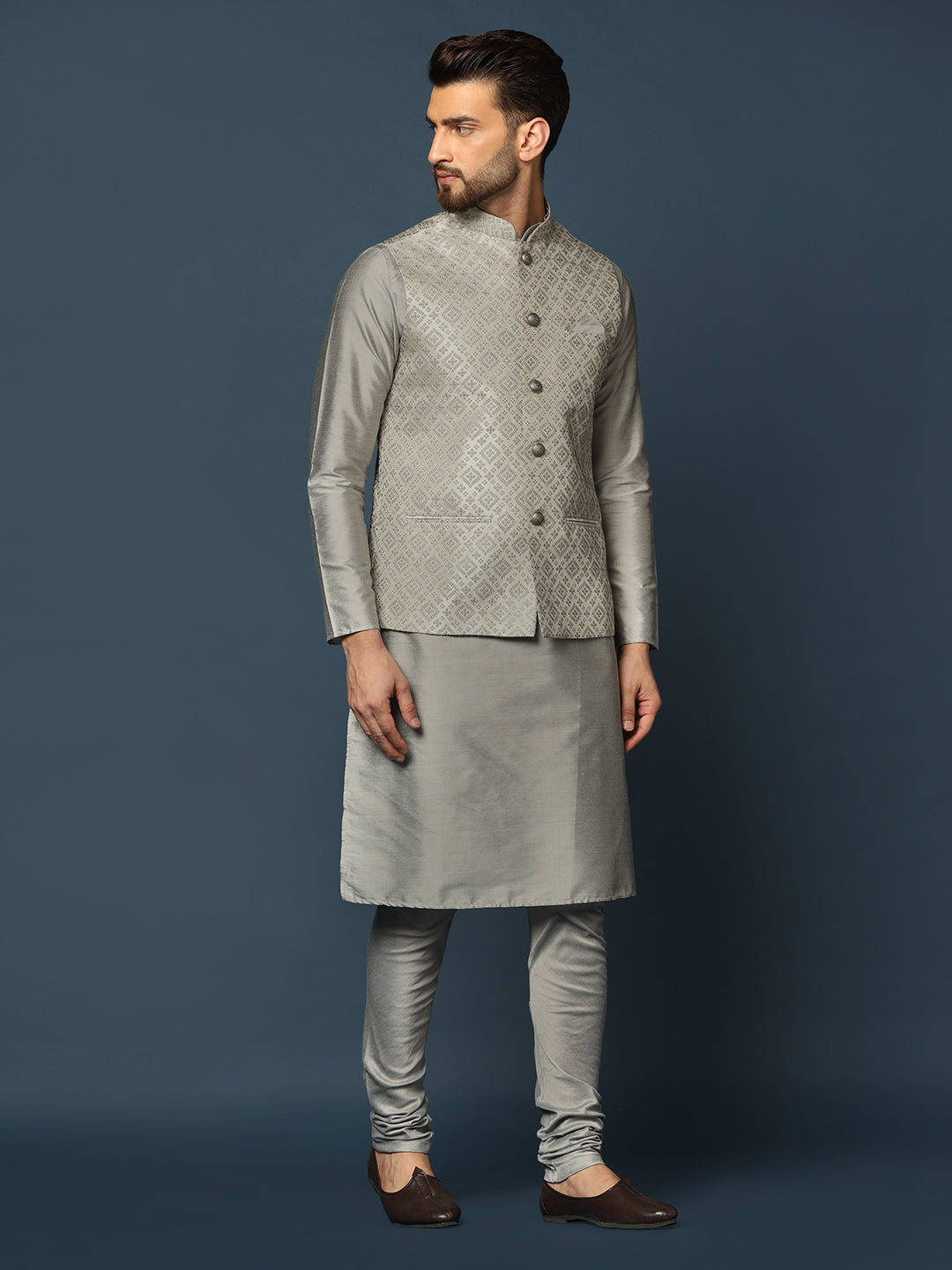 Kisah Men Grey Textured Kurta Jacket Churidar Set - Distacart