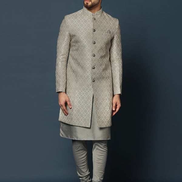 Kisah Men's Grey Textured Kurta with Indo-Western Jacket and Churidar Set - Distacart