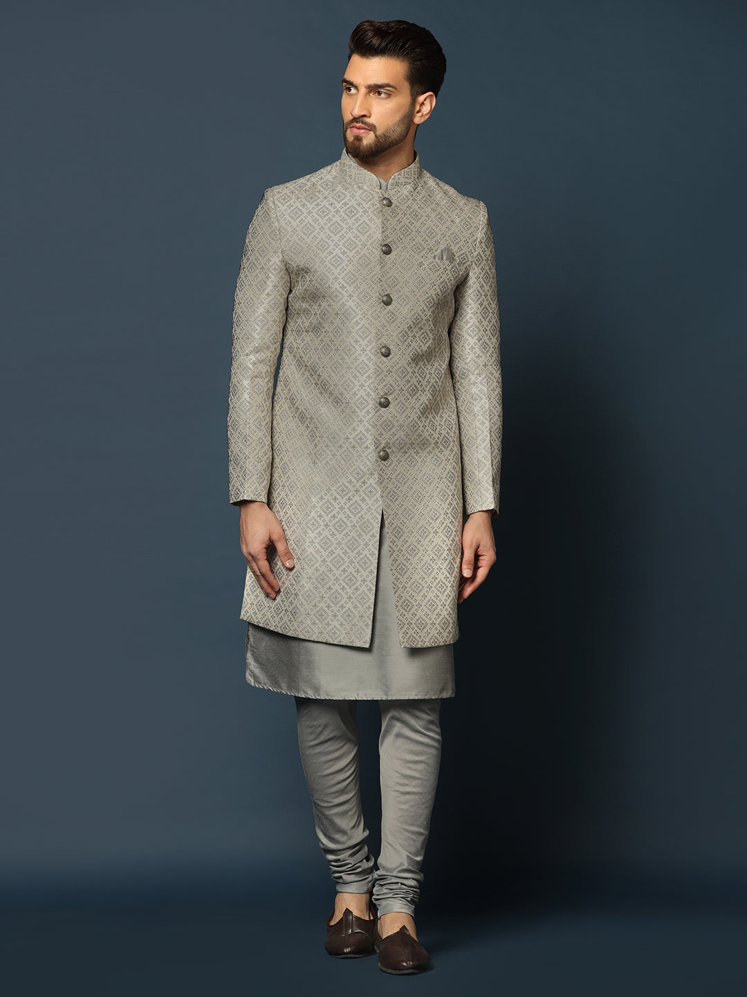 Kisah Men's Grey Textured Kurta with Indo-Western Jacket and Churidar Set - Distacart