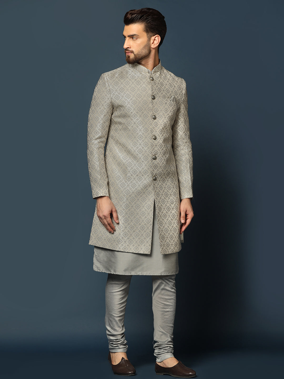 Kisah Men's Grey Textured Kurta with Indo-Western Jacket and Churidar Set - Distacart