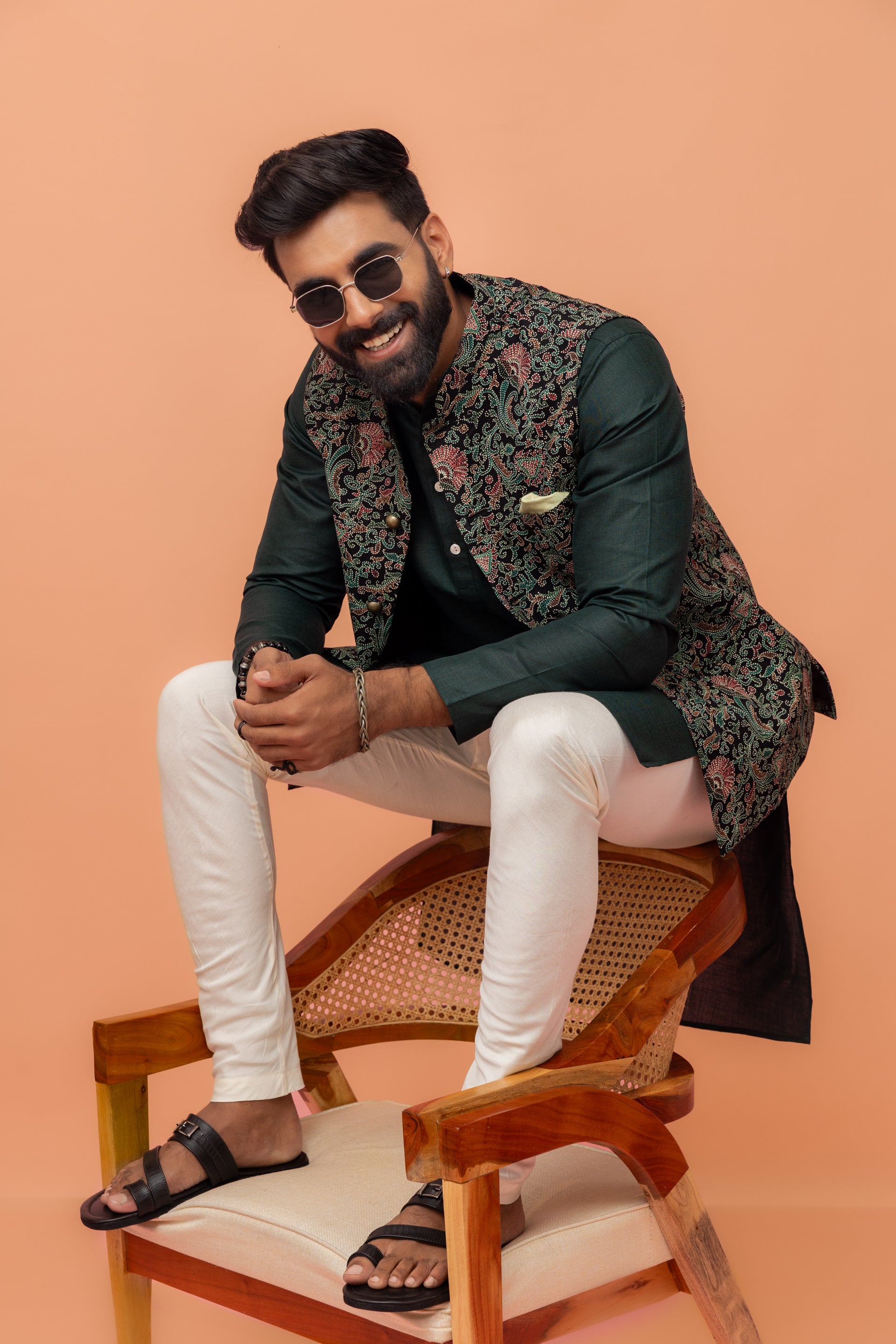 Kisah Men Multi Coloured Printed Kurta Jacket Churidar Set - Distacart