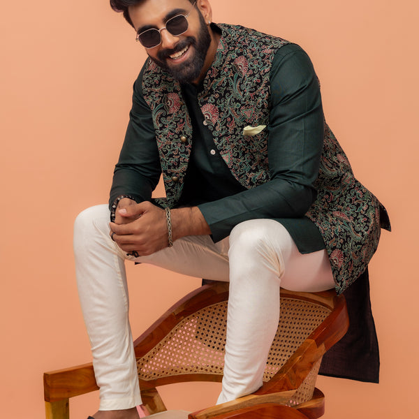 Kisah Men Multi Coloured Printed Kurta Jacket Churidar Set - Distacart