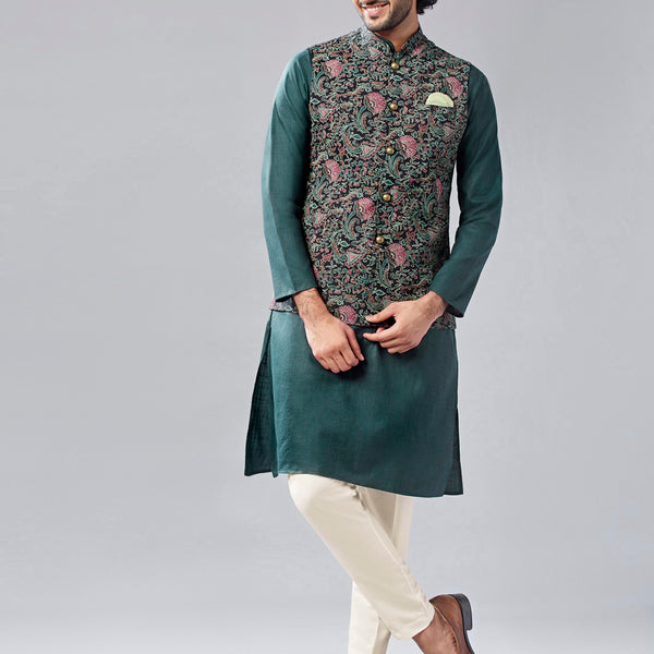 Kisah Men's Multi-Coloured Printed Kurta with Jacket and Trouser Set - Distacart