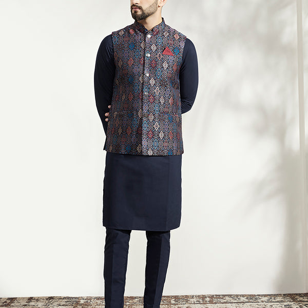 Kisah Men Multi Coloured Textured Kurta Jacket Trouser Set - Distacart