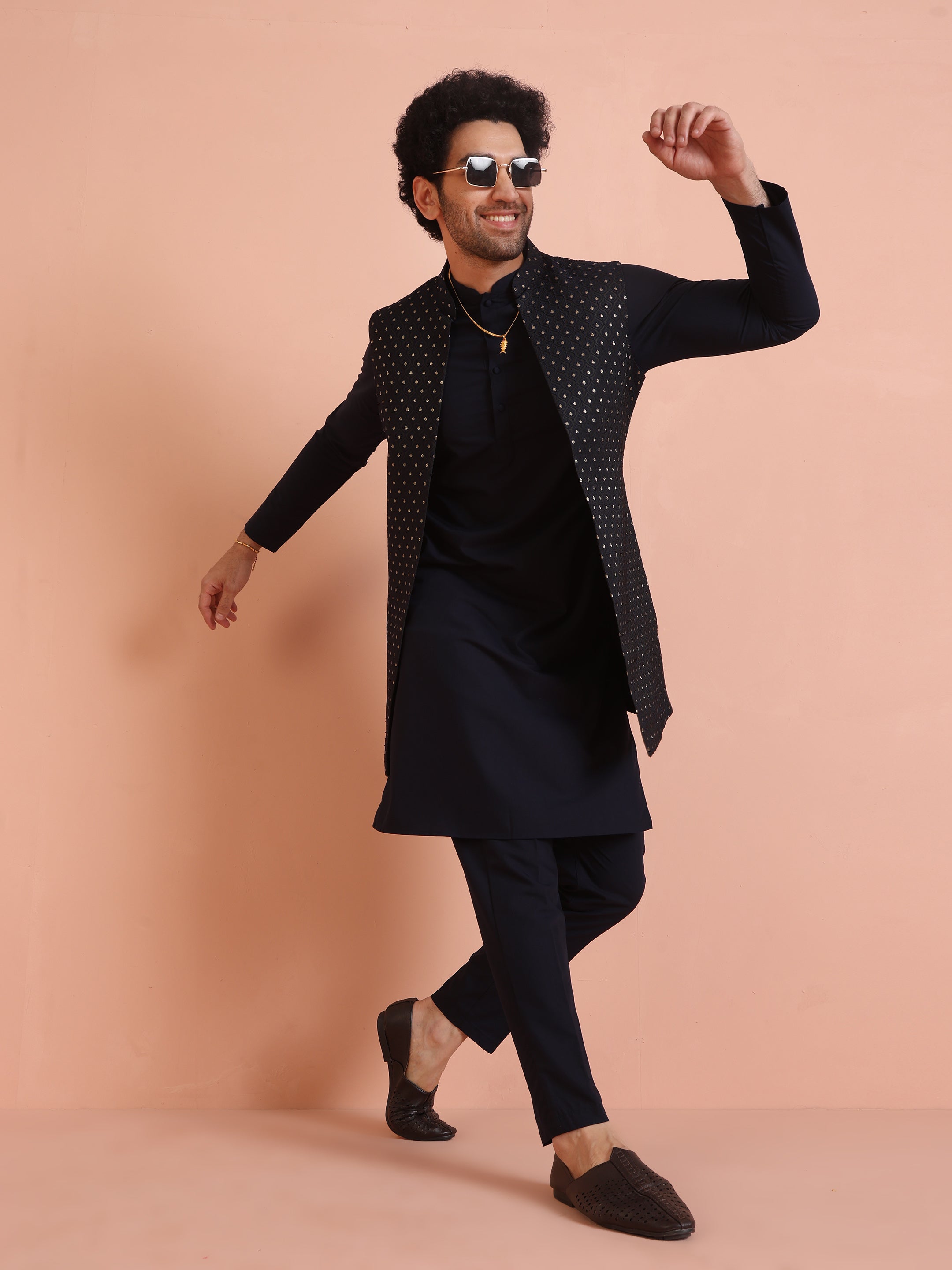 Kisah Men's Navy Blue Kurta Jacket Trouser Set - Distacart