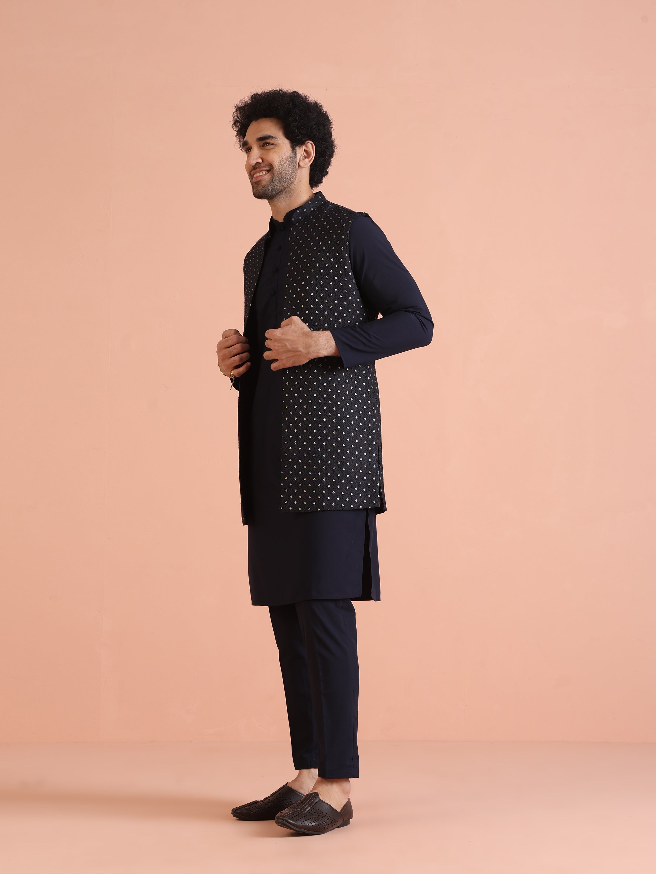 Kisah Men's Navy Blue Kurta Jacket Trouser Set - Distacart