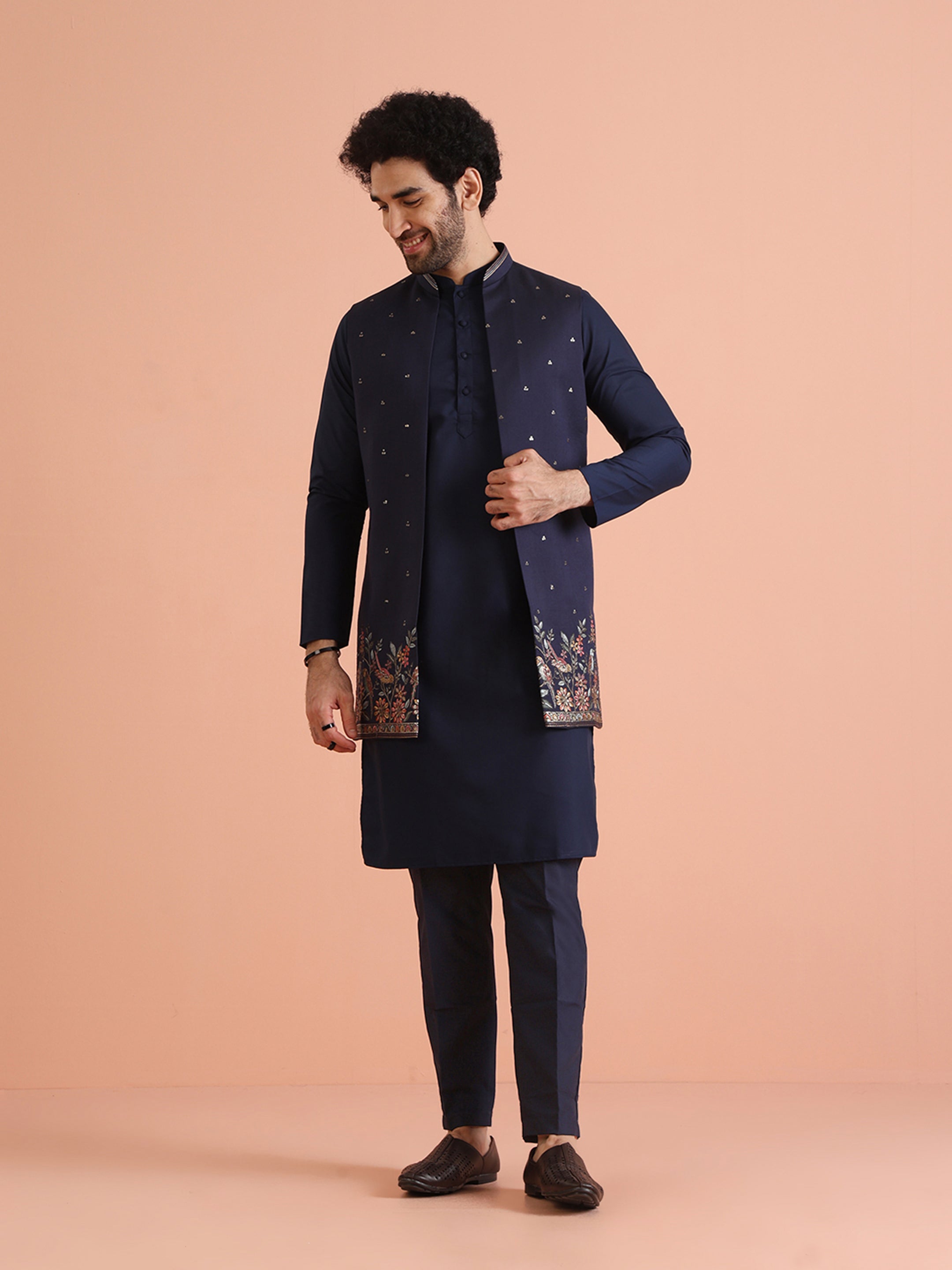 Kisah Men Navy Blue Thread Work Kurta Jacket Trouser Set - Distacart