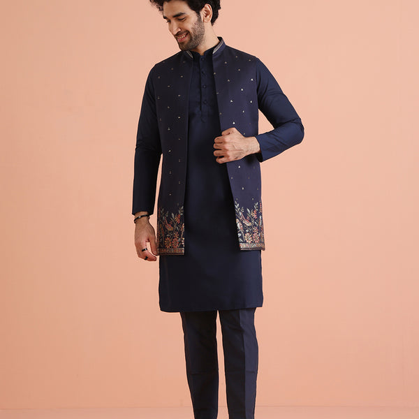Kisah Men Navy Blue Thread Work Kurta Jacket Trouser Set - Distacart