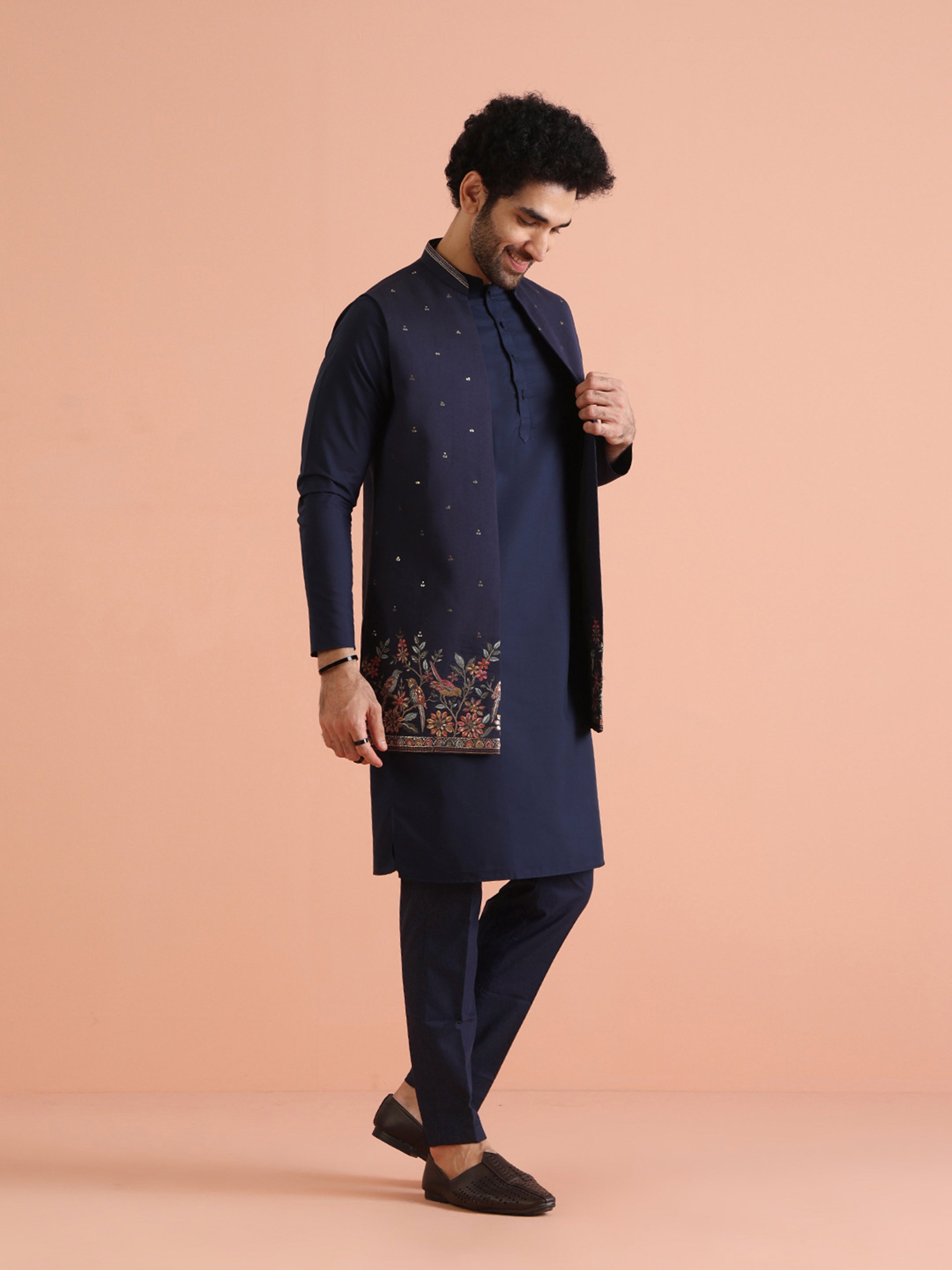 Kisah Men Navy Blue Thread Work Kurta Jacket Trouser Set - Distacart