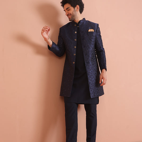 Kisah Men Navy Blue Textured Kurta Indowestern Trouser Set - Distacart