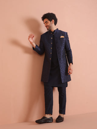 Kisah Men Navy Blue Textured Kurta Indowestern Trouser Set - Distacart