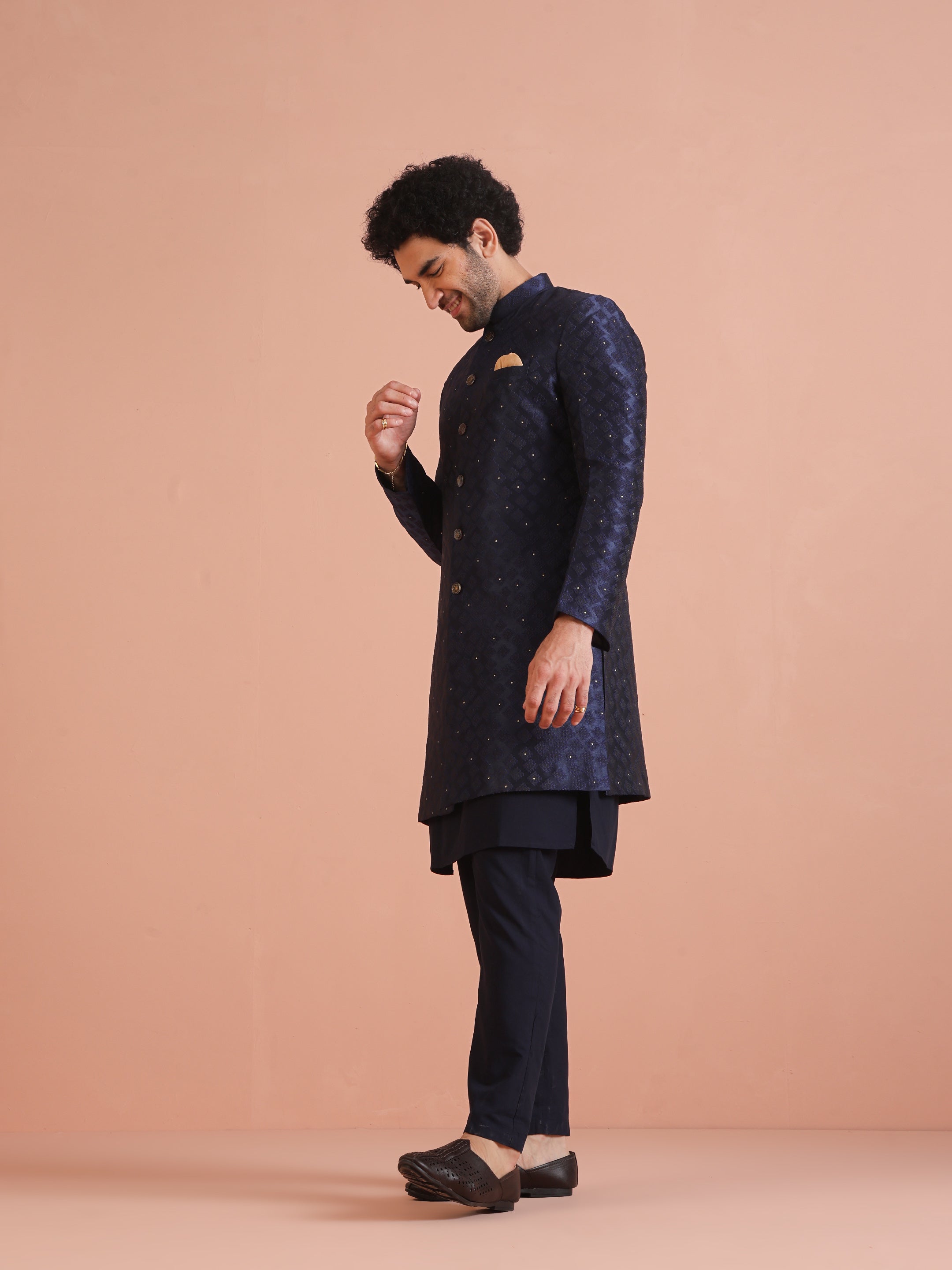 Kisah Men Navy Blue Textured Kurta Indowestern Trouser Set - Distacart