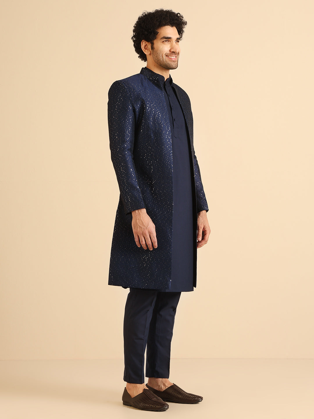 Kisah Men Navy Blue Textured Open Kurta Indowestern Trouser Set - Distacart