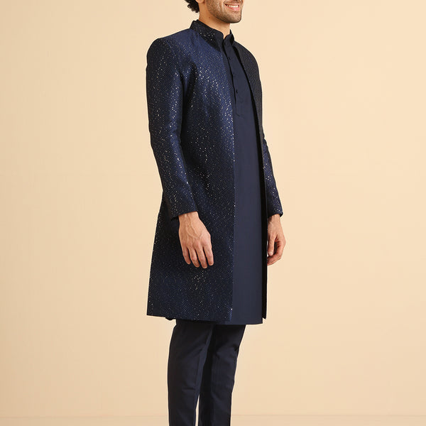 Kisah Men Navy Blue Textured Open Kurta Indowestern Trouser Set - Distacart