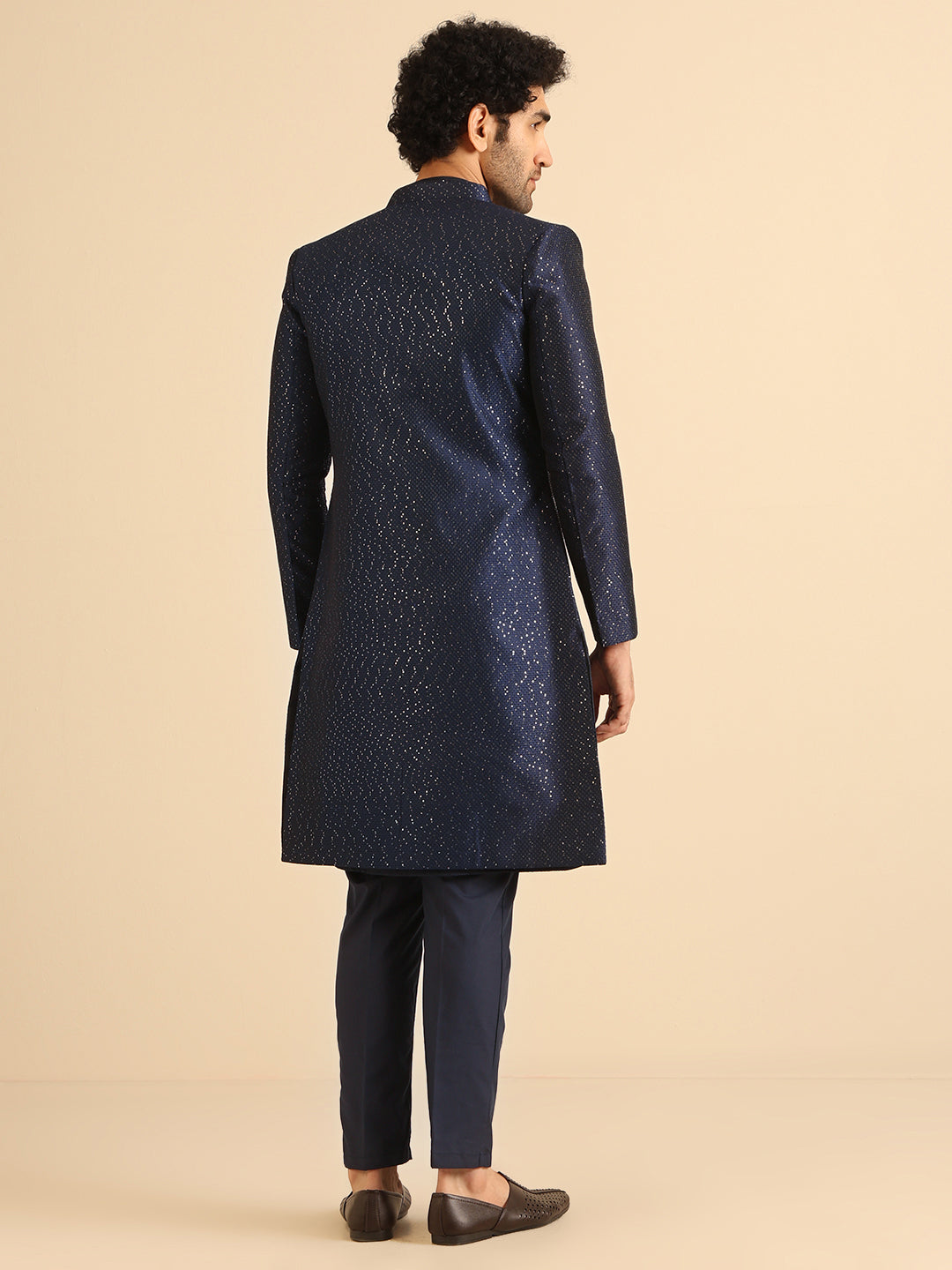 Kisah Men Navy Blue Textured Open Kurta Indowestern Trouser Set - Distacart