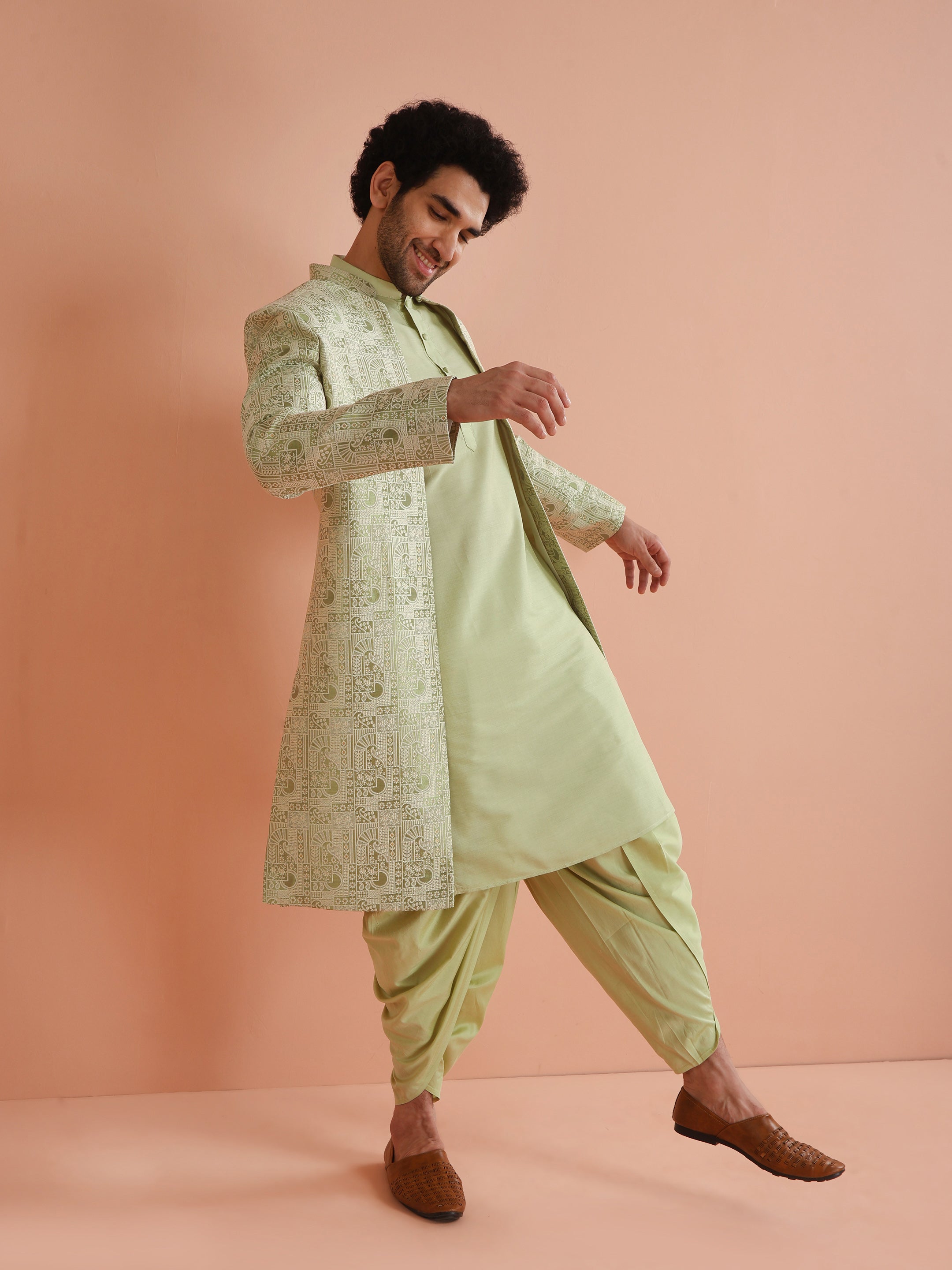 Kisah Men Green Embroidered Kurta Indowestern Dhoti Set - Distacart