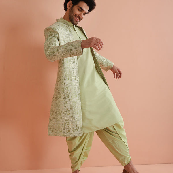 Kisah Men Green Embroidered Kurta Indowestern Dhoti Set - Distacart