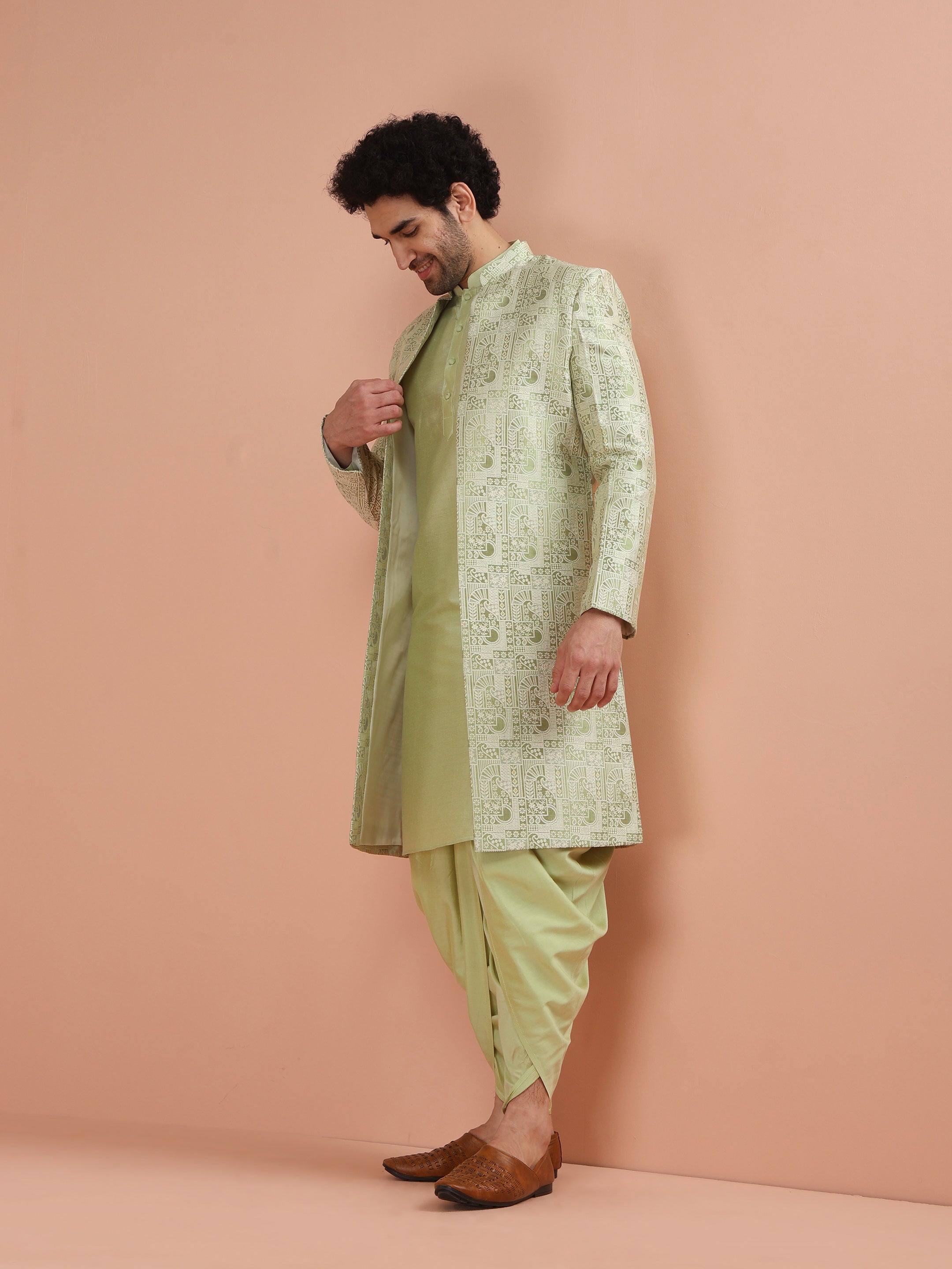 Kisah Men Green Embroidered Kurta Indowestern Dhoti Set - Distacart