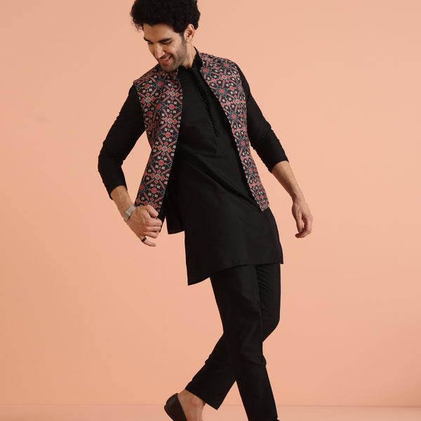 Kisah Men Multi Printed Patola Print Kurta Jacket Trouser Set - Distacart