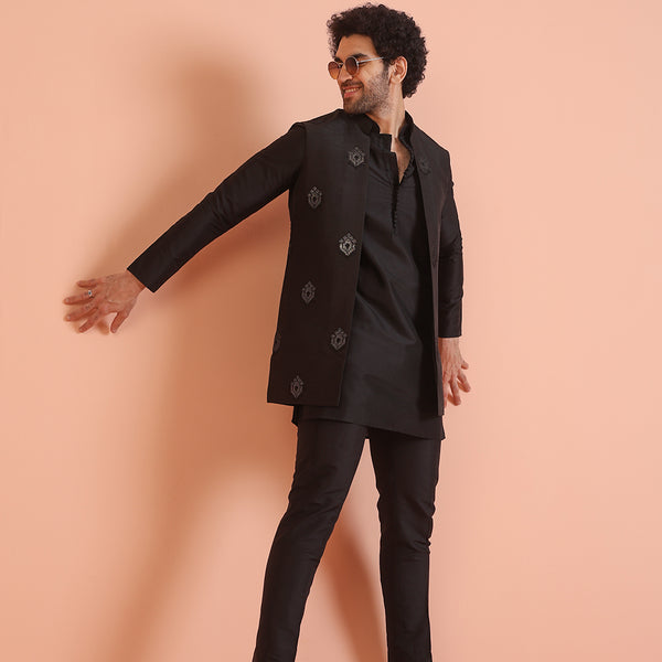 Kisah Men's Black Kurta Jacket Trouser Set - Distacart