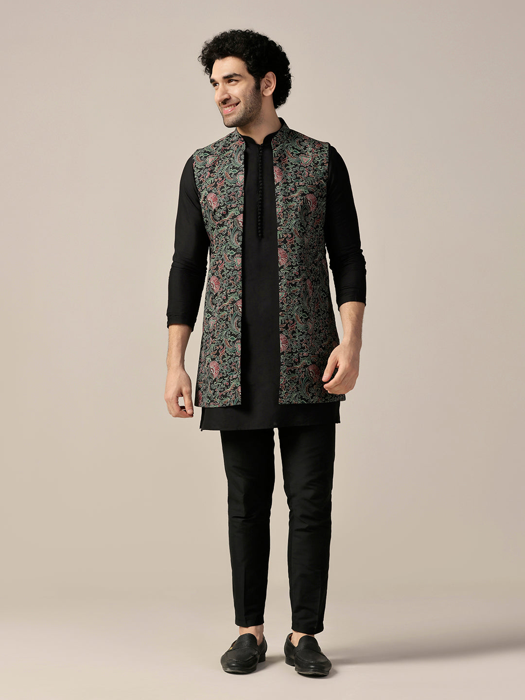 Kisah Men's Black Printed Med-Length Open Kurta with Jacket and Trouser Set - Distacart