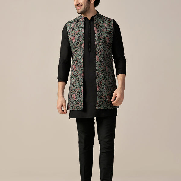 Kisah Men's Black Printed Med-Length Open Kurta with Jacket and Trouser Set - Distacart