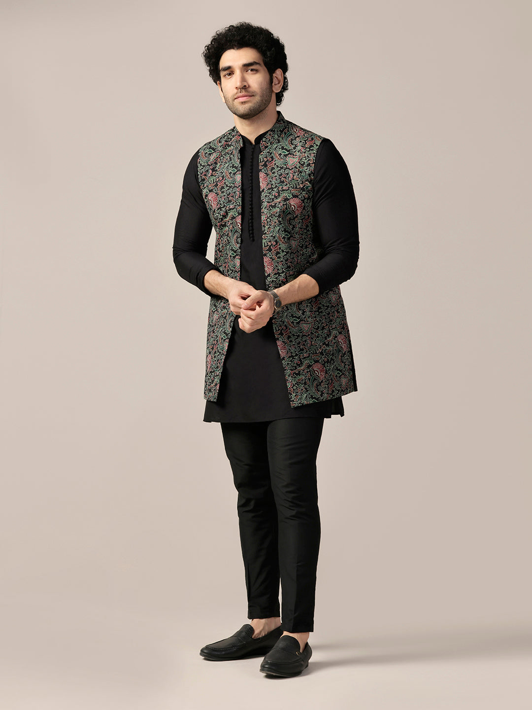 Kisah Men's Black Printed Med-Length Open Kurta with Jacket and Trouser Set - Distacart