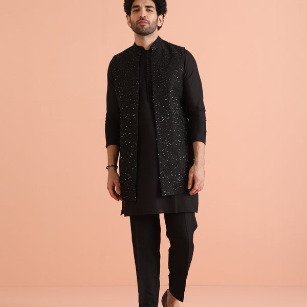 Kisah Men Black Embellished Kurta Nehru Jacket Trouser Set - Distacart