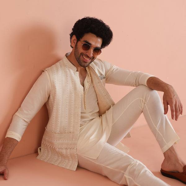 Kisah Men's Beige Printed Kurta Jacket with Trouser Set Geometric Design - Distacart