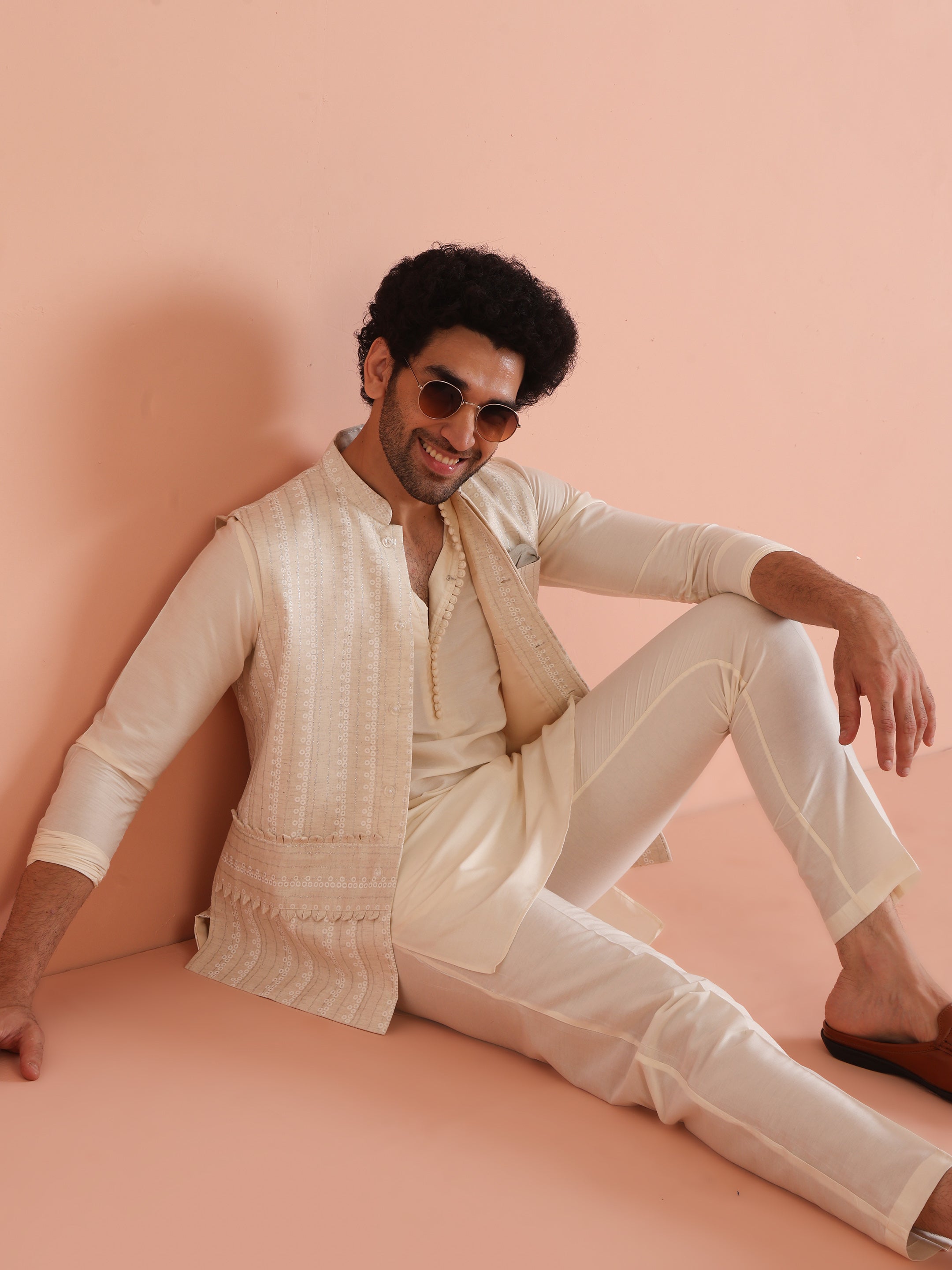 Kisah Men's Beige Printed Kurta Jacket with Trouser Set Geometric Design - Distacart