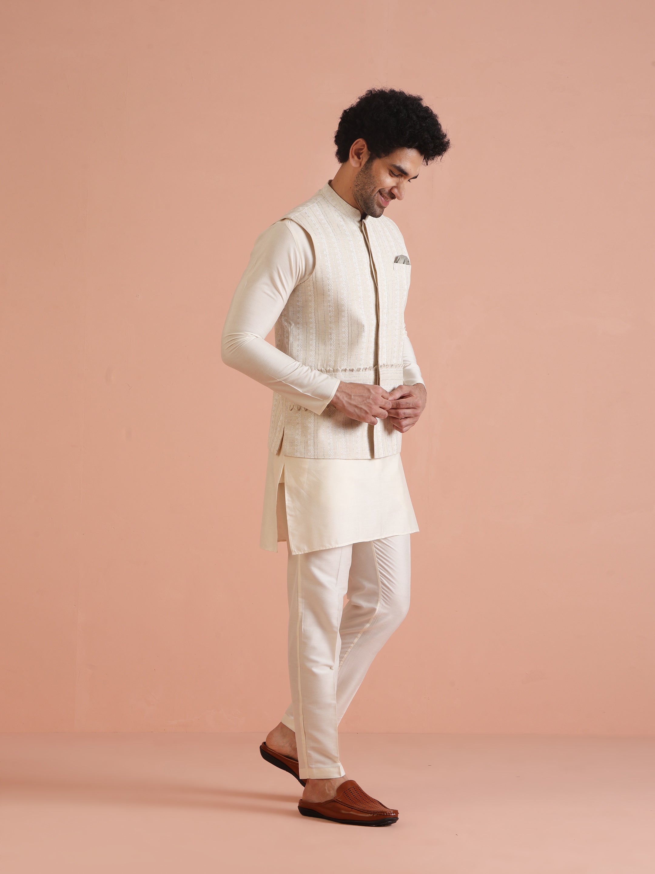 Kisah Men's Beige Printed Kurta Jacket with Trouser Set Geometric Design - Distacart