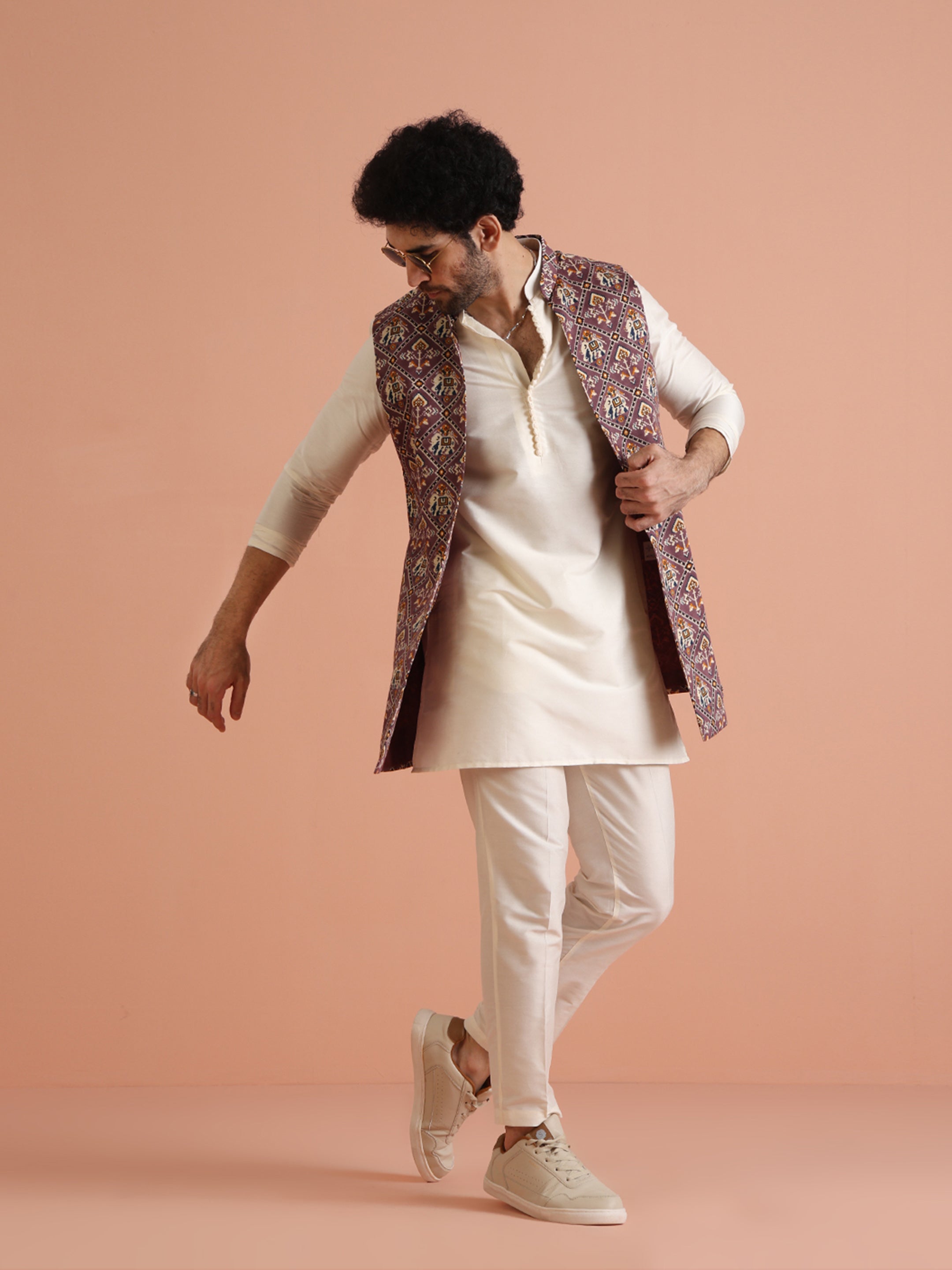 Kisah Men Purple Patola Print Kurta Jacket Trouser Set - Distacart