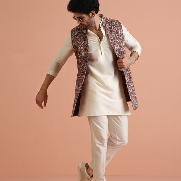 Kisah Men Purple Patola Print Kurta Jacket Trouser Set - Distacart