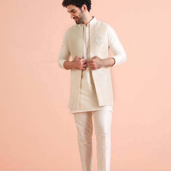 Kisah Men Off White Woven Design Kurta Jacket Trousers Set - Distacart
