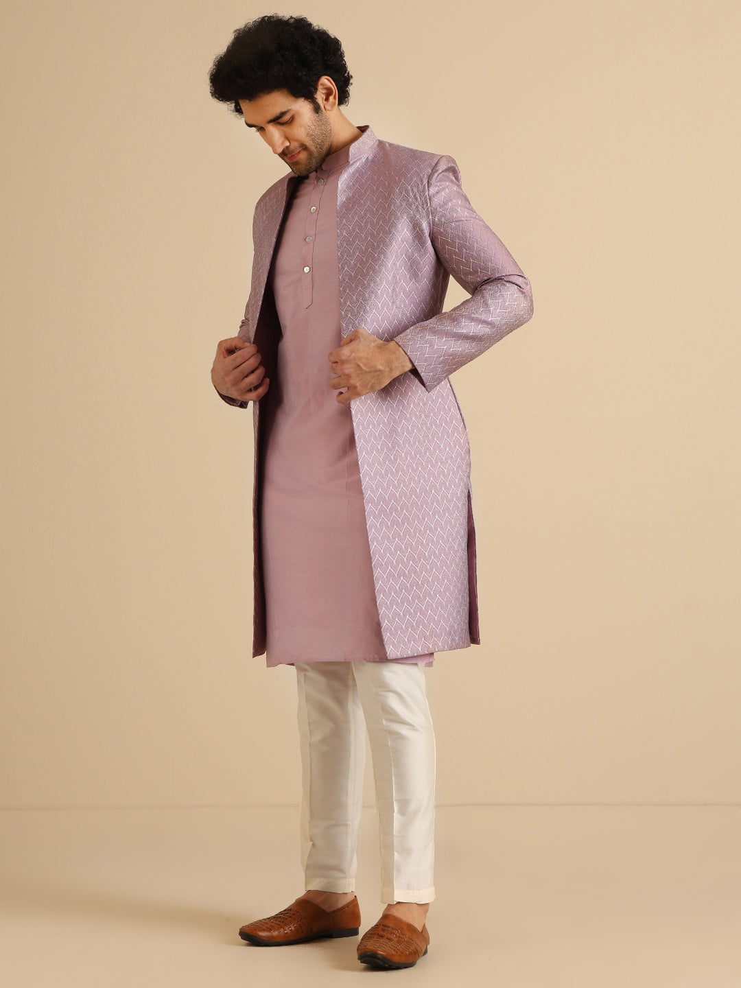 Kisah Men Lilac Textured Open Kurta Indowestern Trouser Set - Distacart