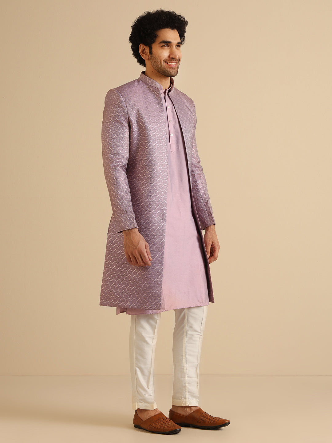 Kisah Men Lilac Textured Open Kurta Indowestern Trouser Set - Distacart