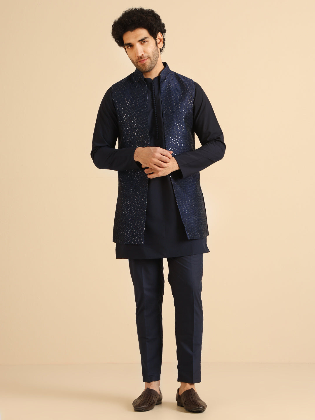 Kisah Men Navy Blue Kurta Jacket Trouser Set - Distacart