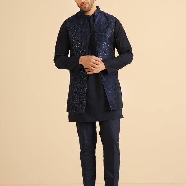 Kisah Men Navy Blue Kurta Jacket Trouser Set - Distacart