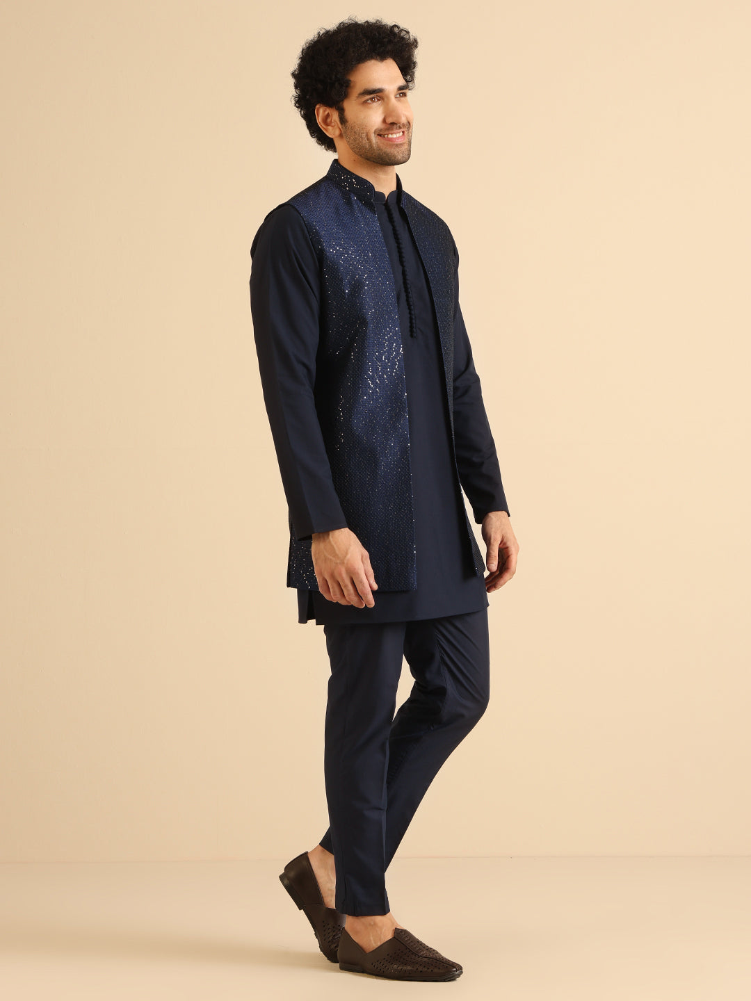 Kisah Men Navy Blue Kurta Jacket Trouser Set - Distacart