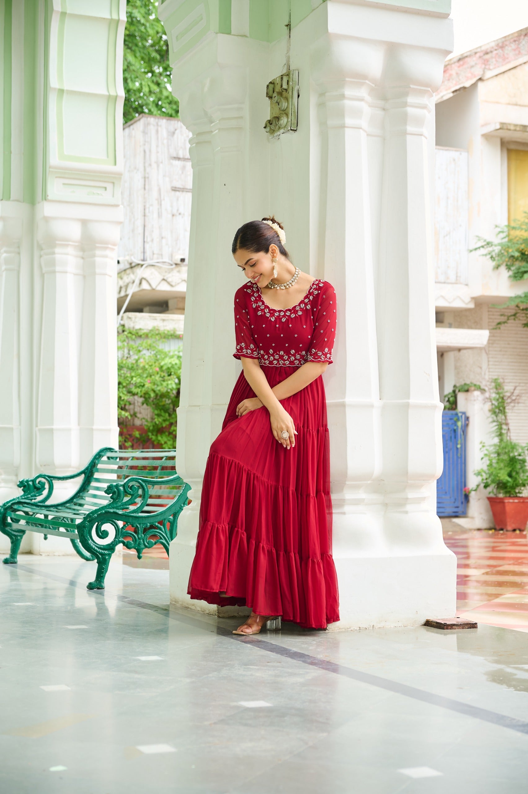 Prazu Fashion Maroon Georgette Beads Embroidery-Work Designer Gown