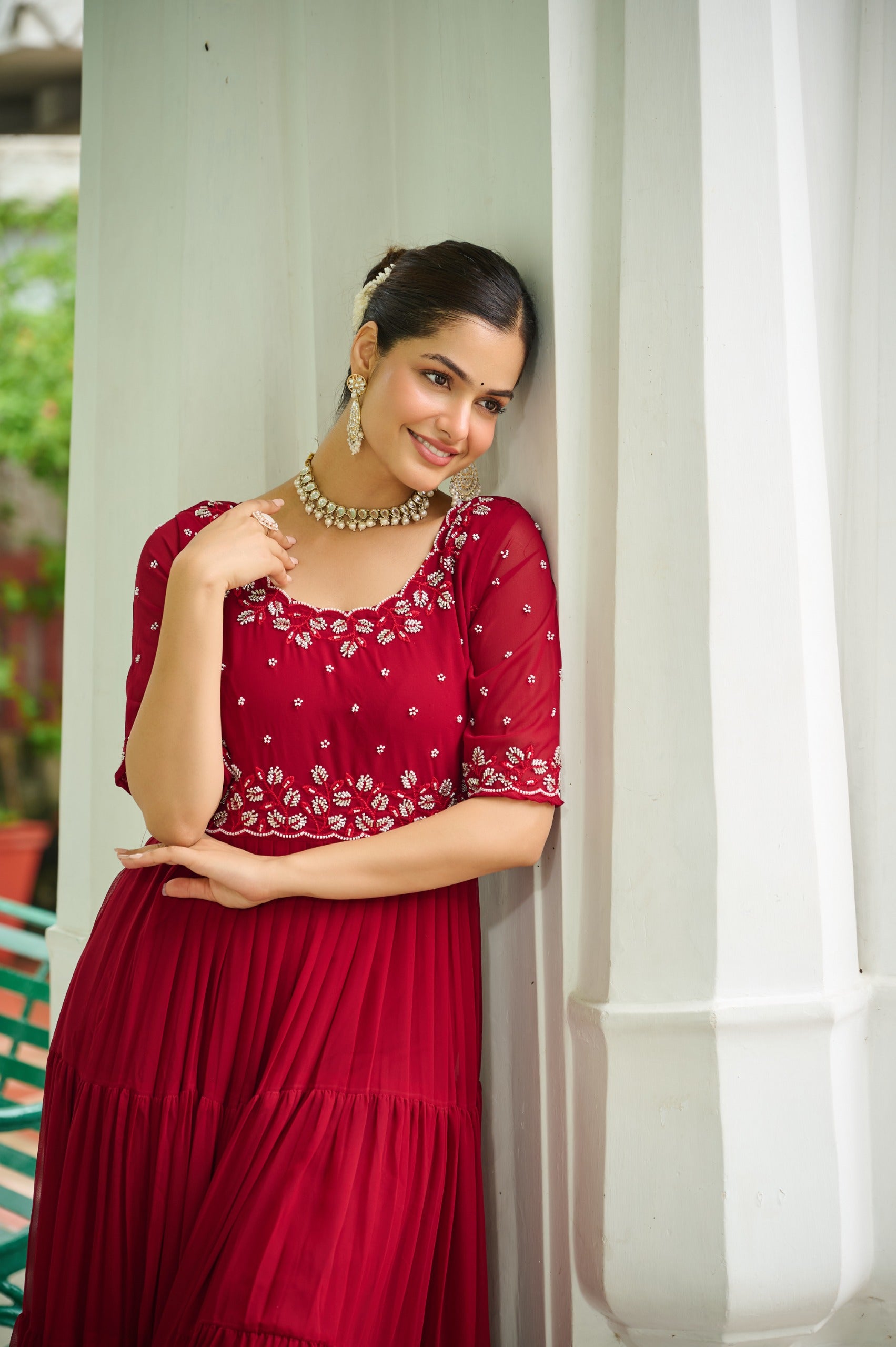 Prazu Fashion Maroon Georgette Beads Embroidery-Work Designer Gown