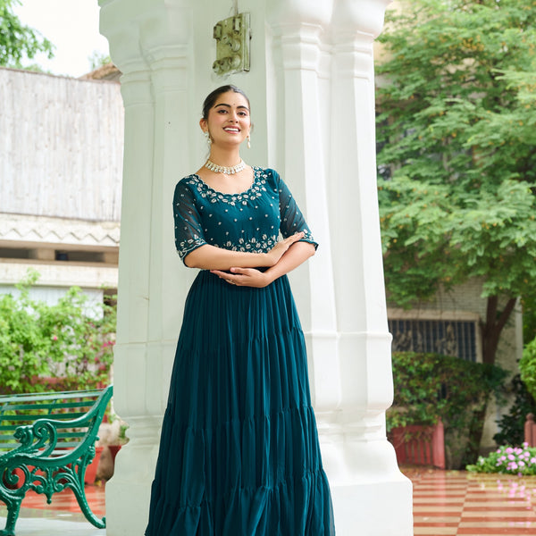 Prazu Fashion Rama Georgette Beads Embroidery-Work Designer Gown - Distacart
