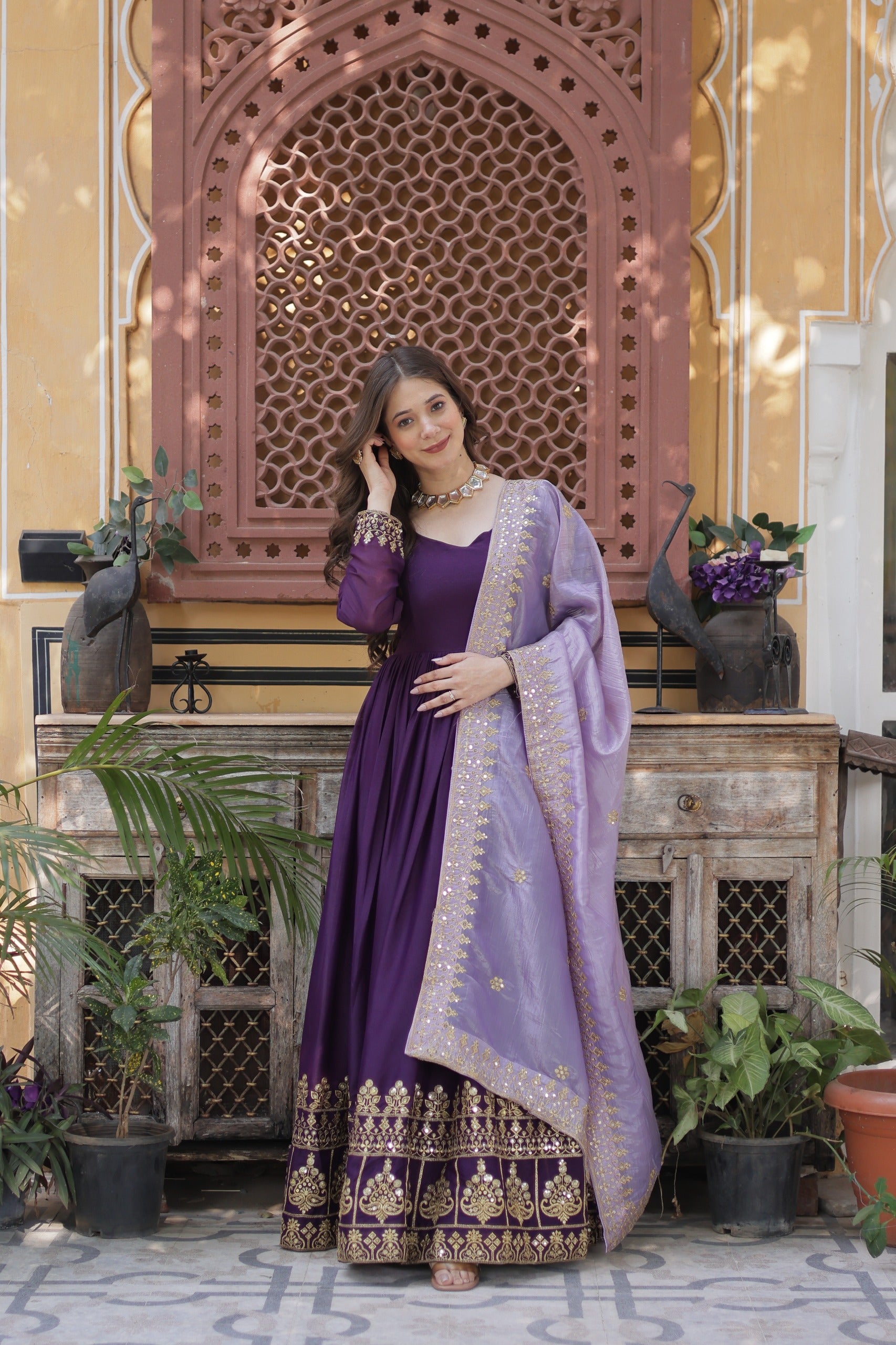Prazu Fashion Violet Georgette Embroidery Sequins Gown With Dupatta
