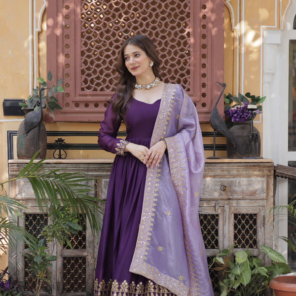Prazu Fashion Violet Georgette Embroidery Sequins Gown With Dupatta - Distacart
