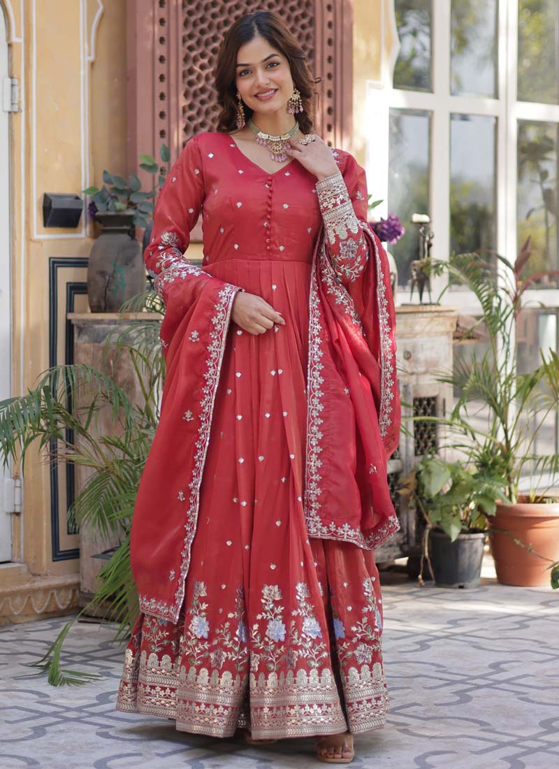 Prazu Fashion Red Viscose Embroidered Gown With Dupatta