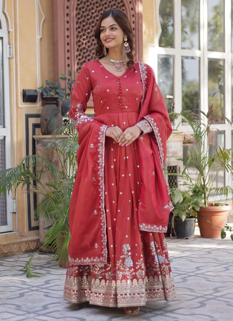 Prazu Fashion Red Viscose Embroidered Gown With Dupatta