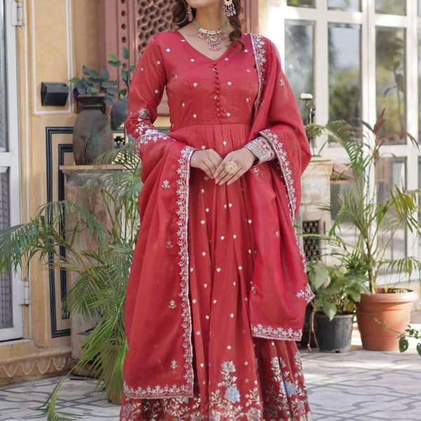 Prazu Fashion Red Viscose Embroidered Gown With Dupatta - Distacart