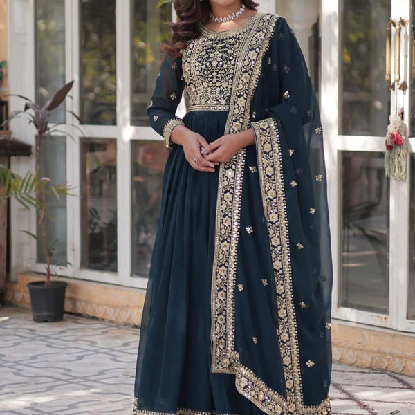 Prazu Fashion Aqua Blue Georgette Embroidered Sequence Gown With Dupatta - Distacart